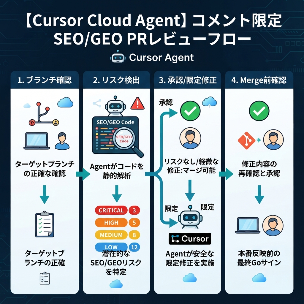 Cursor Cloud AgentでSEO/GEO PRをcomment-only reviewし、承認後だけ修正するworkflow