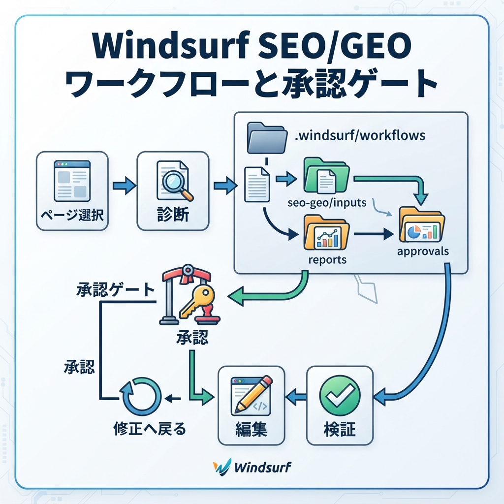 Windsurf Cascade WorkflowsをSEO/GEO運用に使うフォルダ構成と承認ゲート