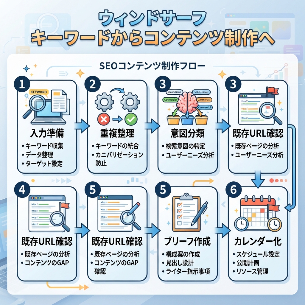 Windsurfでkeyword dataからpage map、brief、90日calendarを作るSEO/GEO workflow