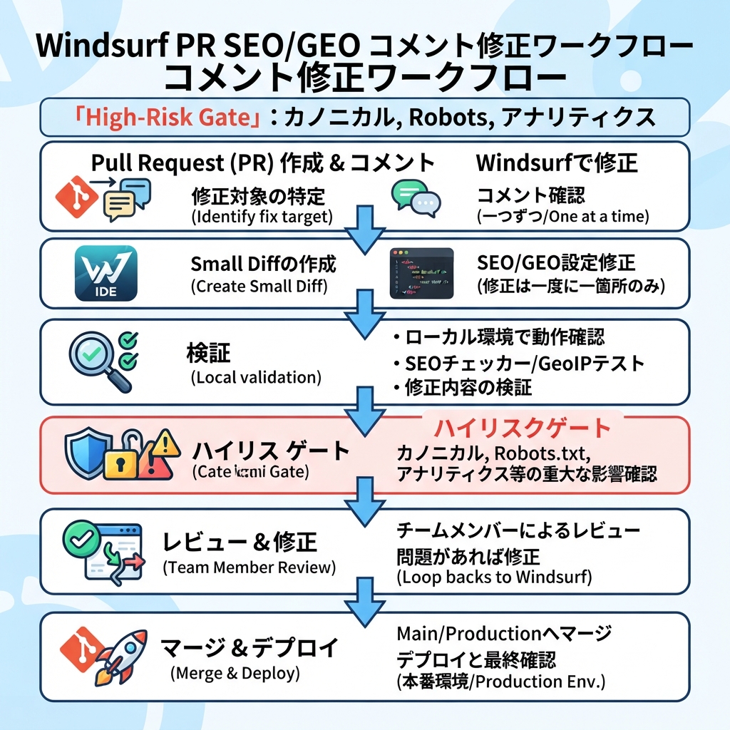 WindsurfでSEO/GEO PR commentを1件ずつ分類し、承認後に限定修正するworkflow