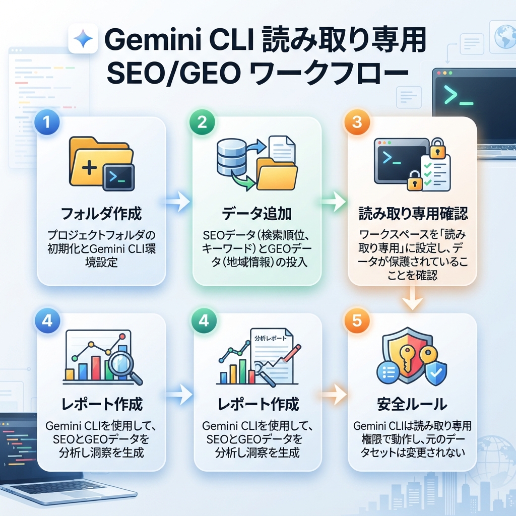 Gemini CLIでSEO/GEO terminal workspaceを作るフォルダ構成とread-only reportの流れ