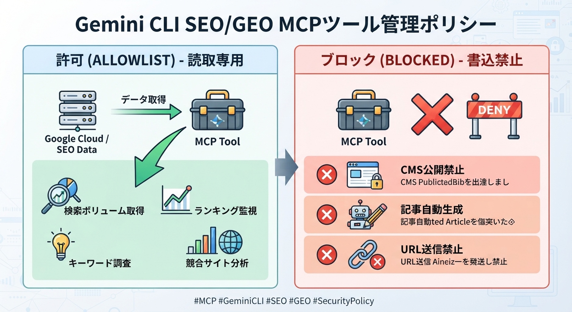 Gemini CLIにread-only MCPでSEO/GEO data toolsを接続する安全なpipeline