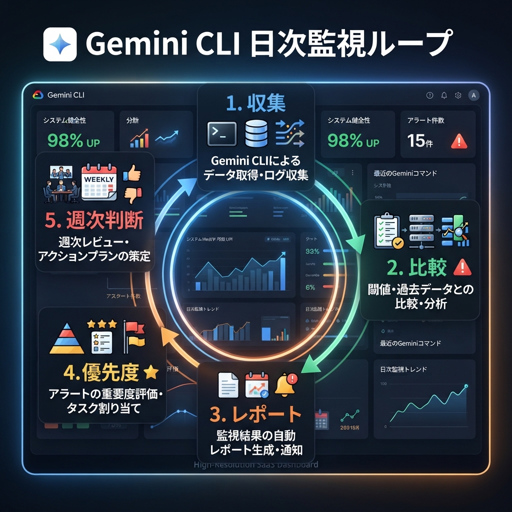 Gemini CLIで日次SEO/GEO monitoring snapshotsを集め、7日baselineと比較するworkflow