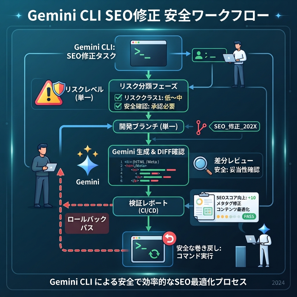 Gemini CLIでSEO修正前にcheckpoint、診断、承認、検証、rollbackを作る安全workflow