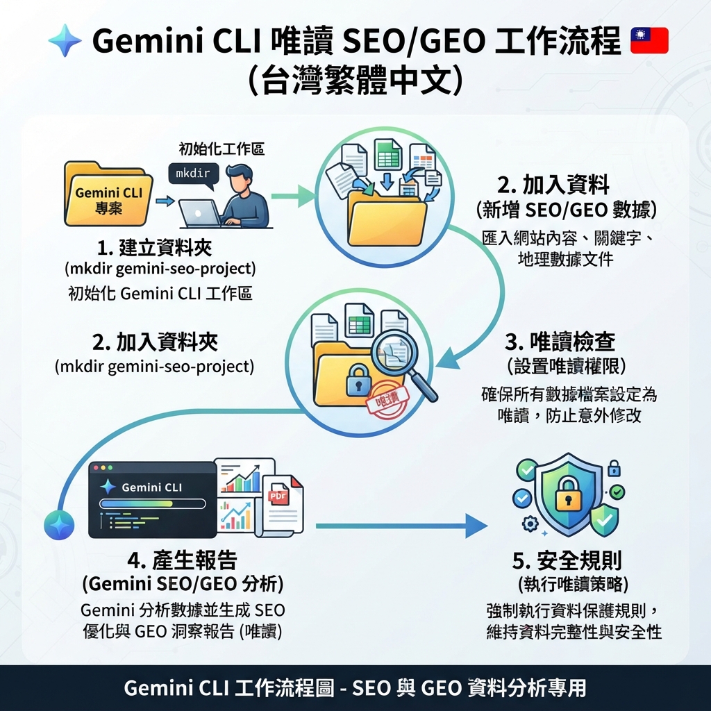 Gemini CLI SEO/GEO 終端機工作區：匯出資料、提示詞、腳本與唯讀報告