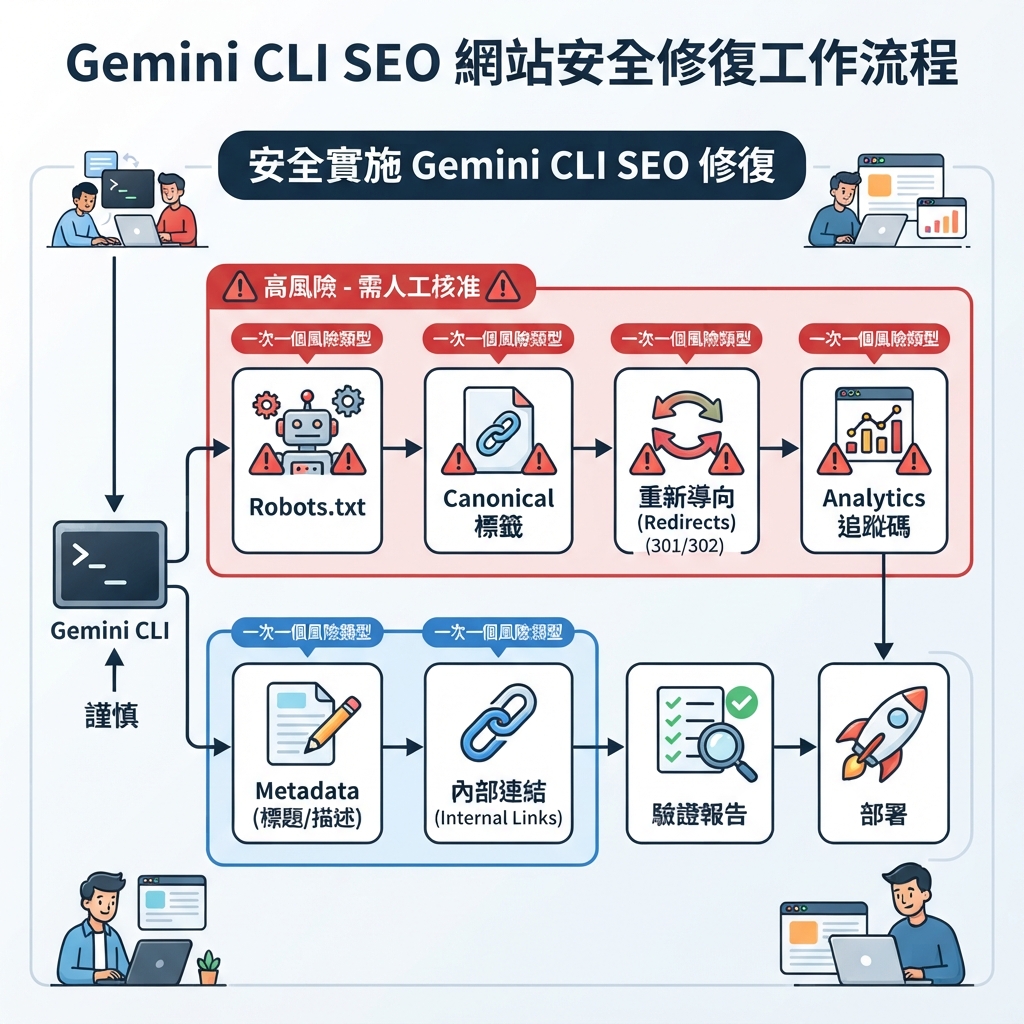 Gemini CLI 安全 SEO 修復流程：checkpoint、診斷、核准、驗證與 rollback