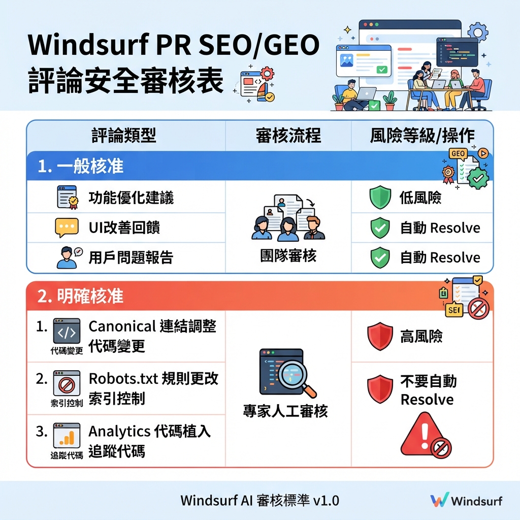 Windsurf 處理 SEO/GEO PR comments：分類、限定修復、驗證與回覆