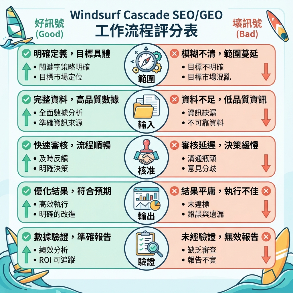 Windsurf Cascade Workflows 用於 SEO/GEO：頁面更新、GEO prompt audit、技術檢查與週報