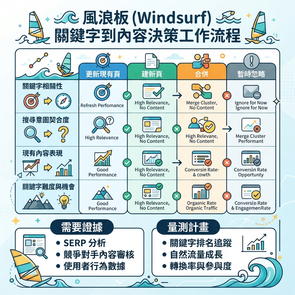 Windsurf 把關鍵字研究轉成 intent clusters、content briefs 與 90 天內容日曆