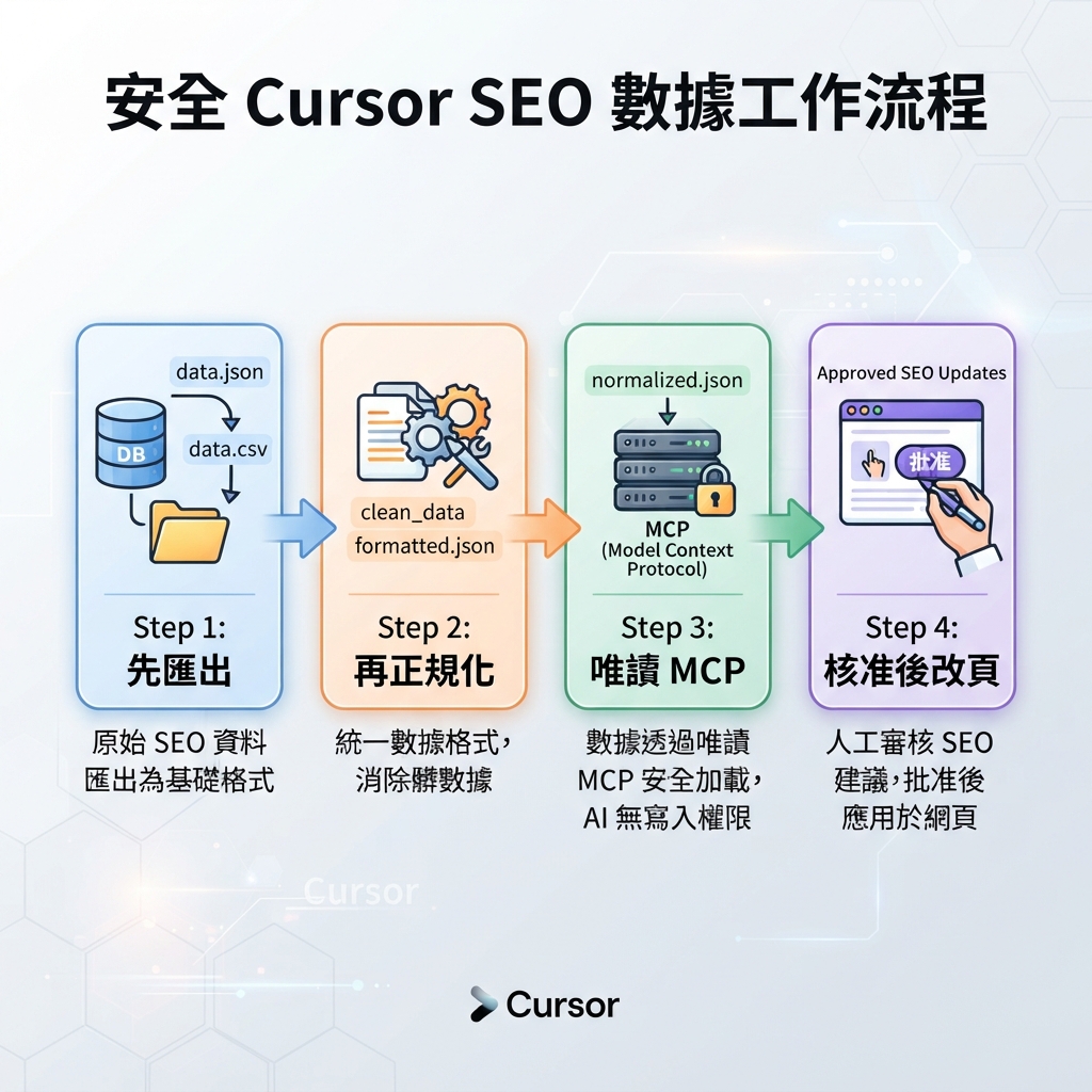 Cursor 用 read-only MCP 和 exports 讀取 GSC、Bing、GA4、AI 能見度資料