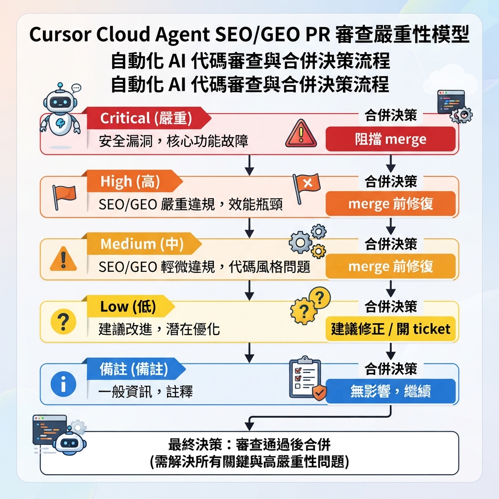 Cursor Cloud Agents 作為 SEO/GEO PR review layer：先 findings，後核准，再 patch