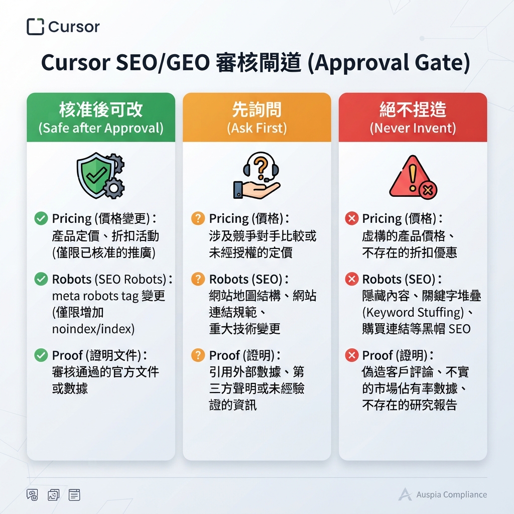 Cursor SEO/GEO rule stack：user rules、project rules、AGENTS.md 與 task prompts
