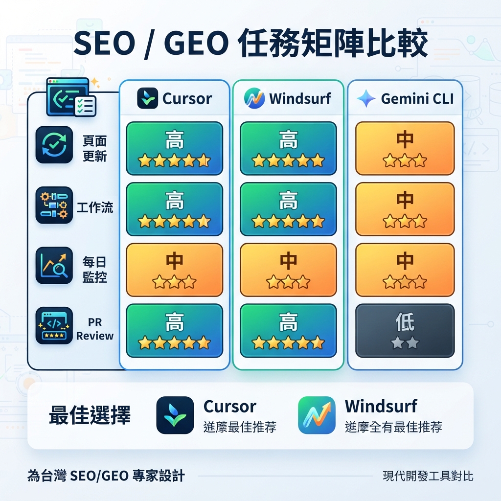Cursor、Windsurf、Gemini CLI 的 SEO/GEO 自動化選擇決策樹