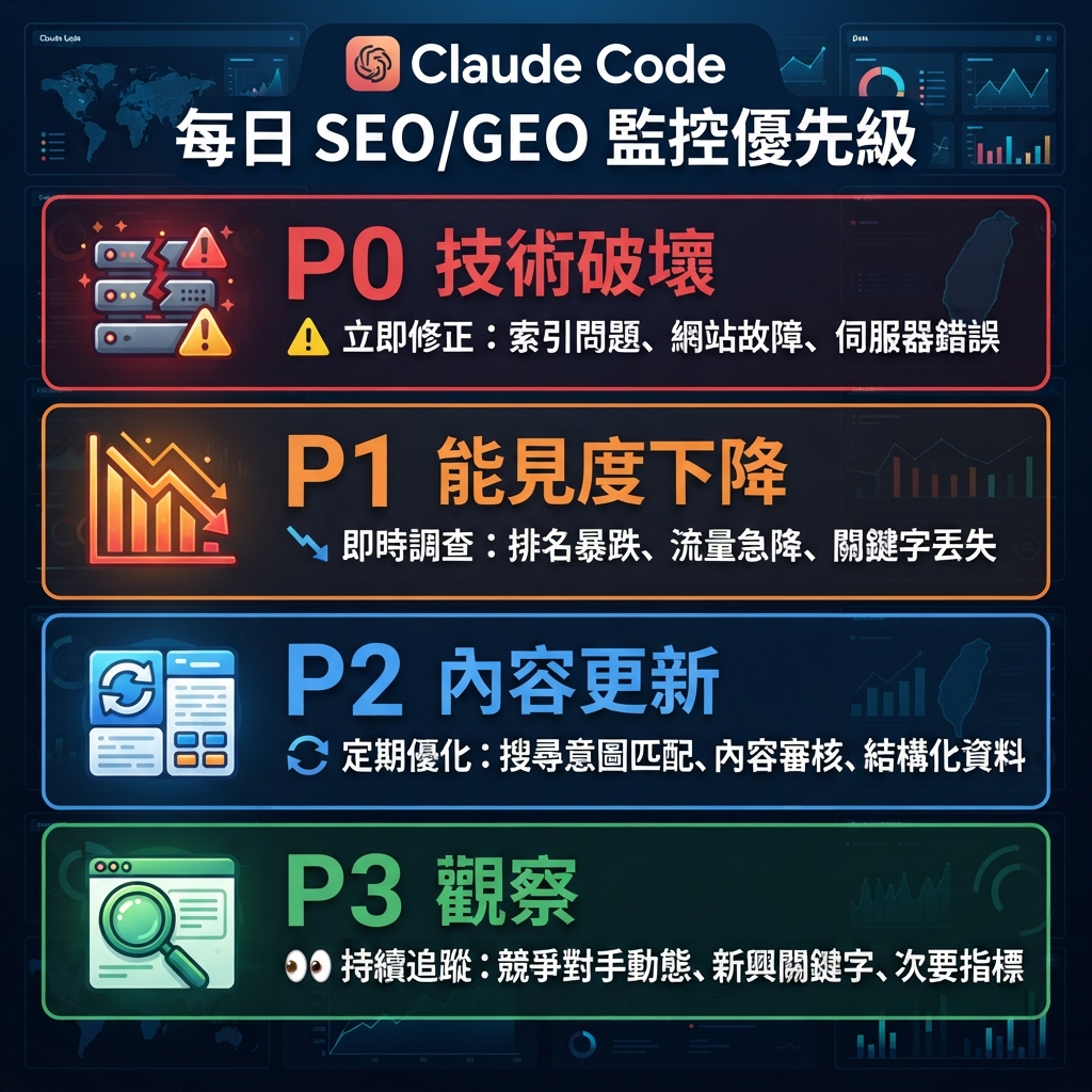 Claude Code 每日 SEO/GEO Monitoring：snapshots、比較、報告與保守 action queue