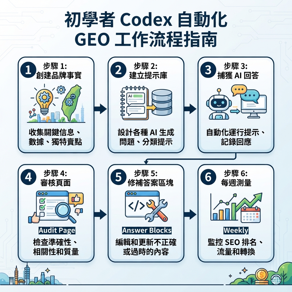 Codex automated GEO workflow：品牌事實、prompt library、AI answer snapshots、安全 diff 與週報
