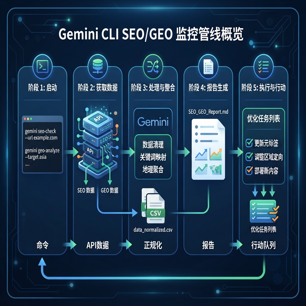 Gemini CLI 每日 SEO/GEO 监控：快照、比较、报告与保守行动伫列