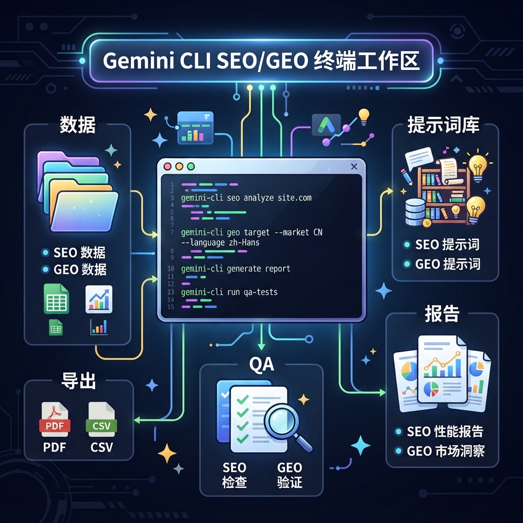 Gemini CLI SEO/GEO 终端机工作区：汇出资料、提示词、脚本与唯读报告