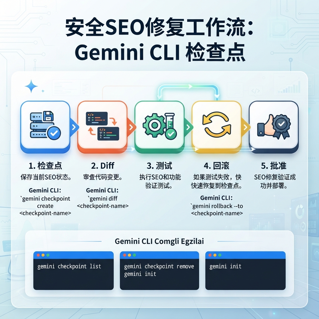 Gemini CLI 安全 SEO 修复流程：checkpoint、诊断、核准、验证与 rollback