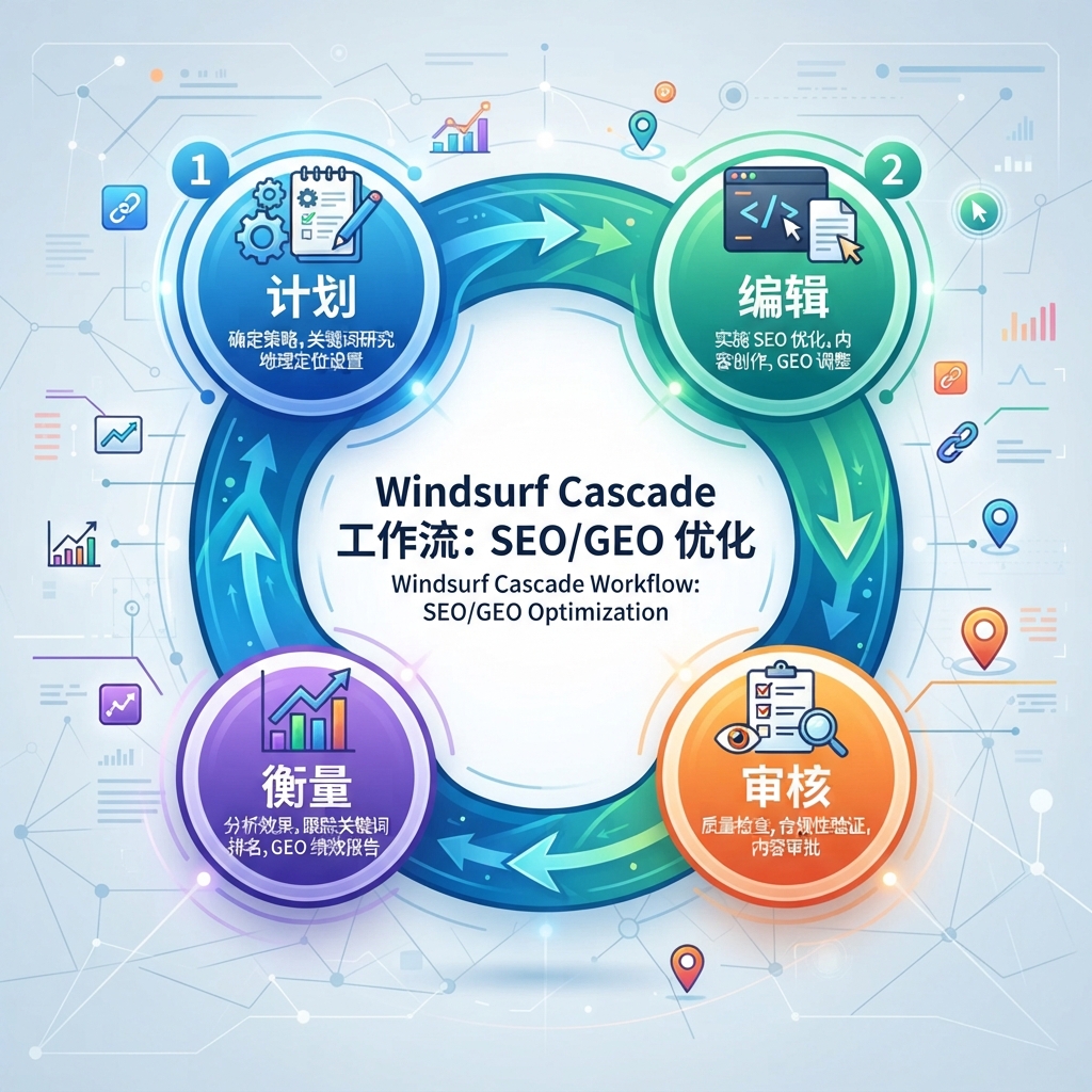 Windsurf Cascade Workflows 用于 SEO/GEO：页面更新、GEO prompt audit、技术检查与周报
