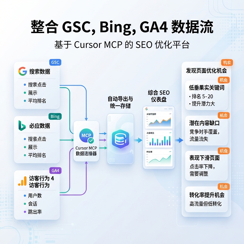 Cursor 用 read-only MCP 和 exports 读取 GSC、Bing、GA4、AI 能见度资料
