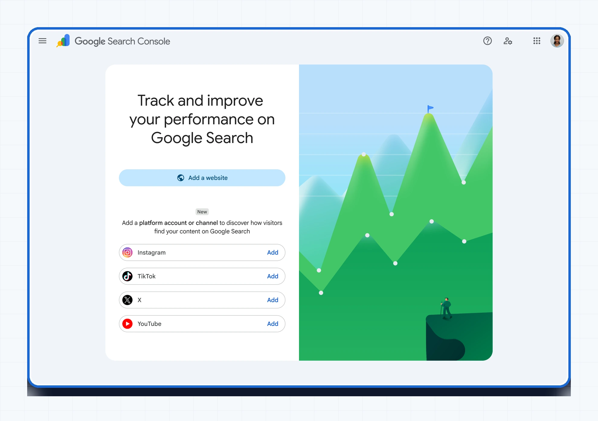 Google Search Console platform property setup screen for Instagram, TikTok, X, and YouTube