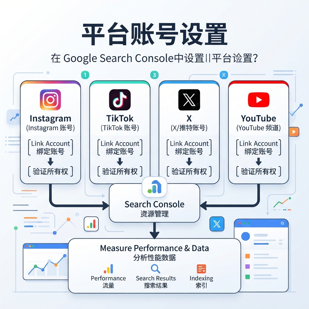 Google Search Console 平台资产设置图，展示 Instagram、TikTok、X 和 YouTube 的连接流程