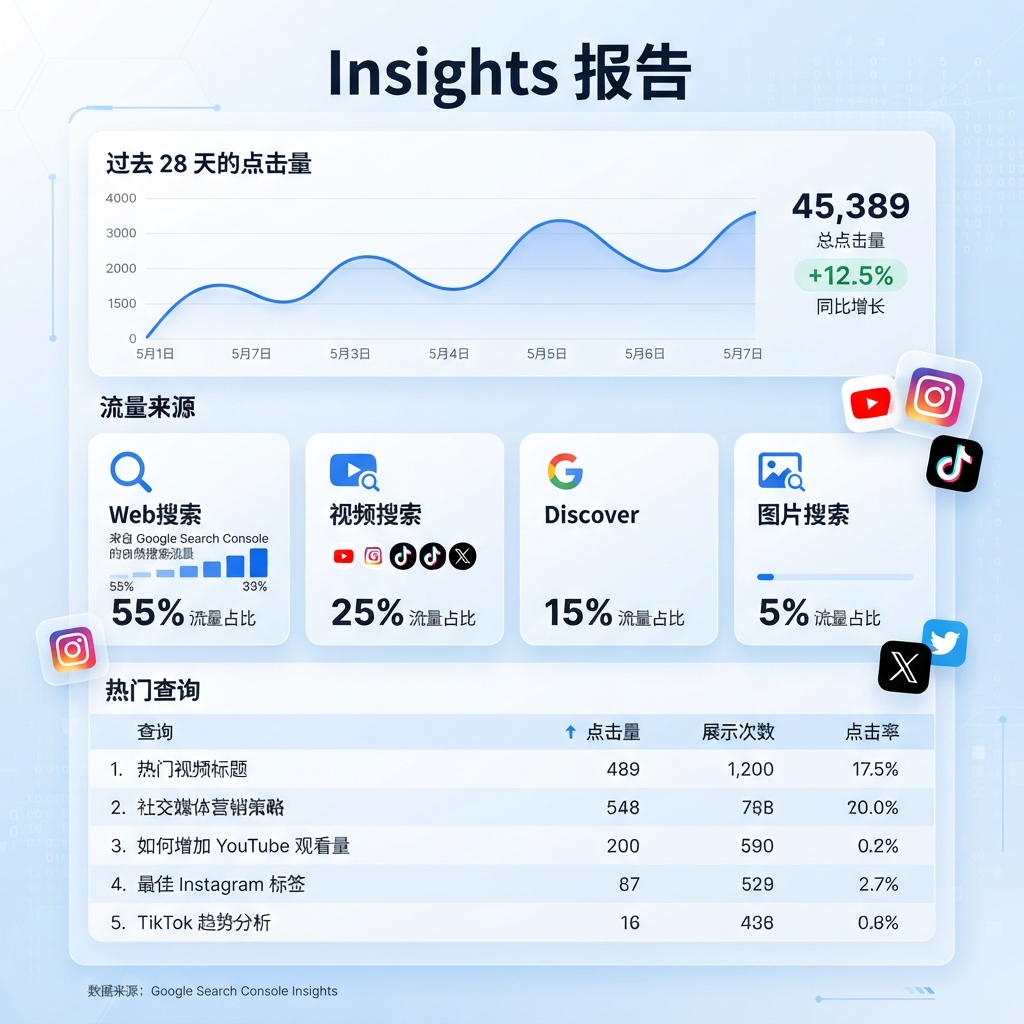 Google Search Console Insights 报告信息图，展示 YouTube 内容点击、流量来源和查询列表