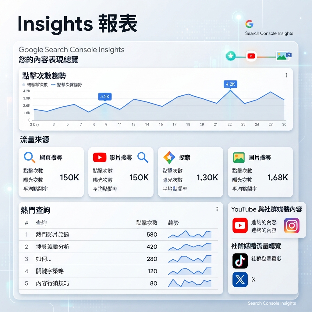 Google Search Console Insights 報告資訊圖，展示 YouTube 內容點擊、流量來源和查詢列表