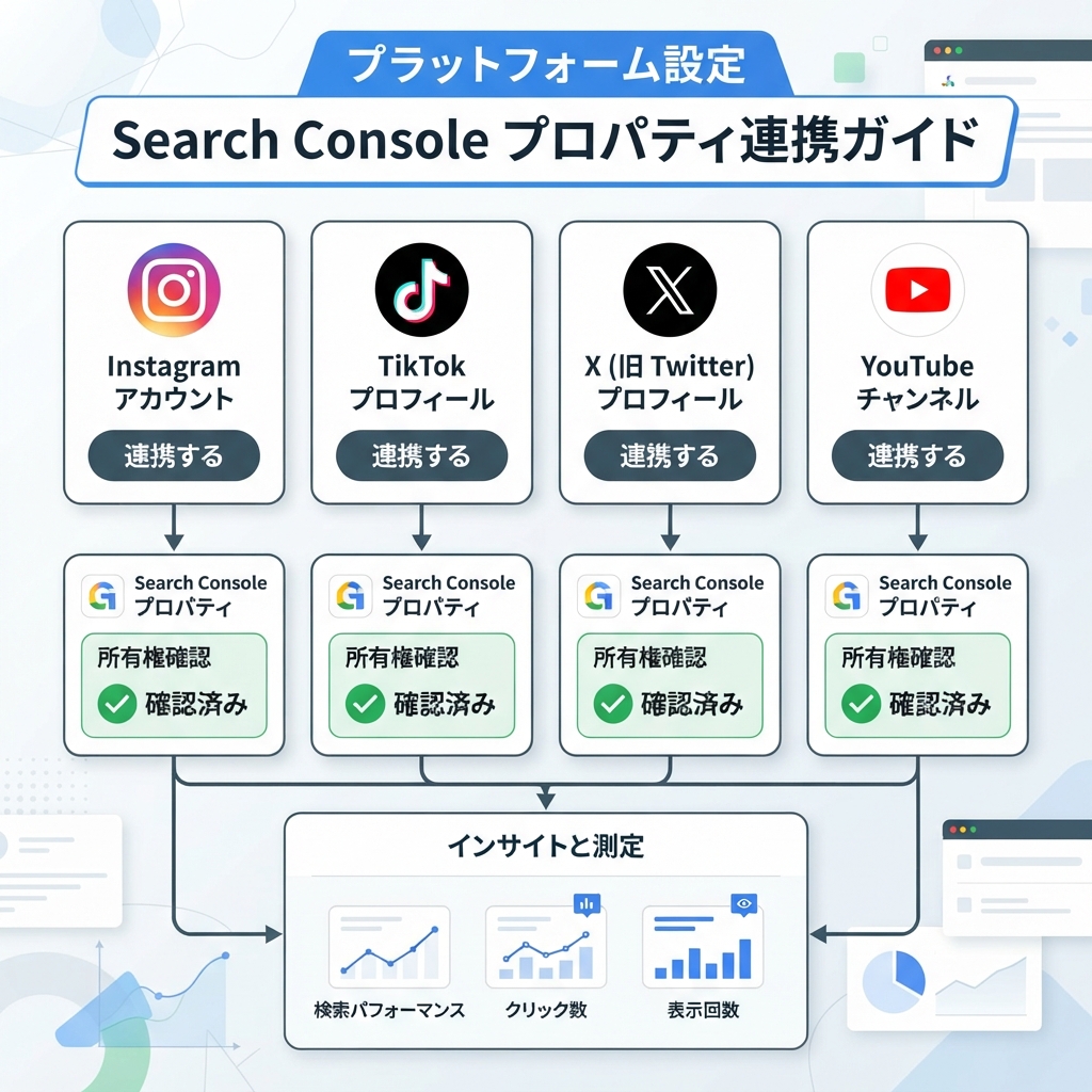 Instagram、TikTok、X、YouTubeを接続するGoogle Search Consoleプラットフォームプロパティ設定の図