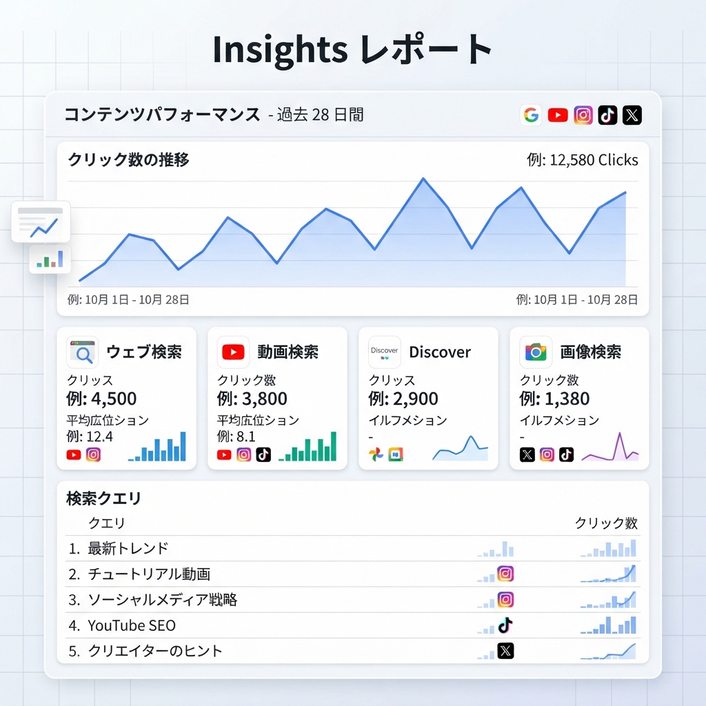 YouTubeコンテンツのクリック、流入元、クエリ一覧を示すGoogle Search Console Insightsレポートの図