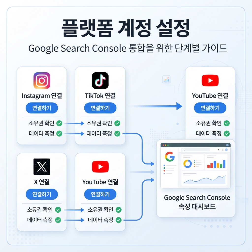 Instagram, TikTok, X, YouTube를 연결하는 Google Search Console 플랫폼 속성 설정 흐름