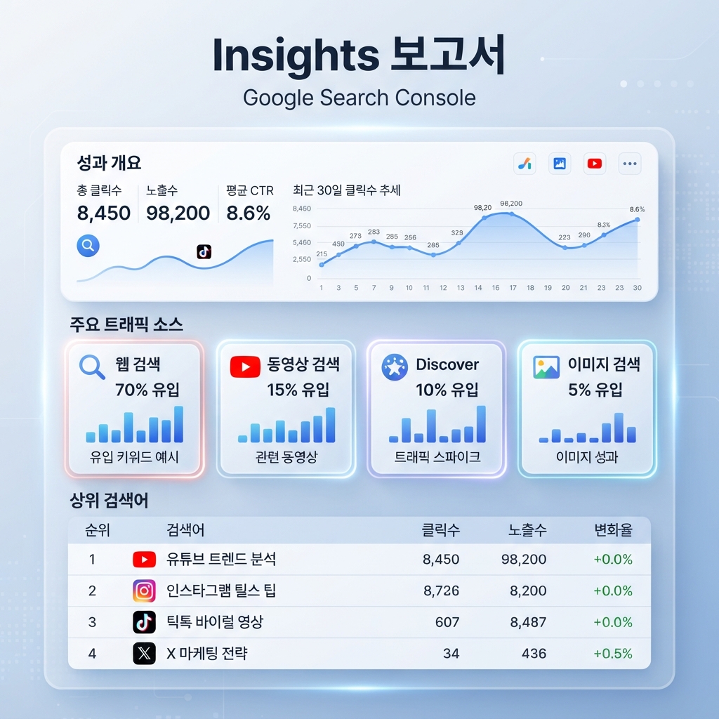 YouTube 콘텐츠 클릭, 유입원, 쿼리 목록을 보여주는 Google Search Console Insights 보고서 인포그래픽