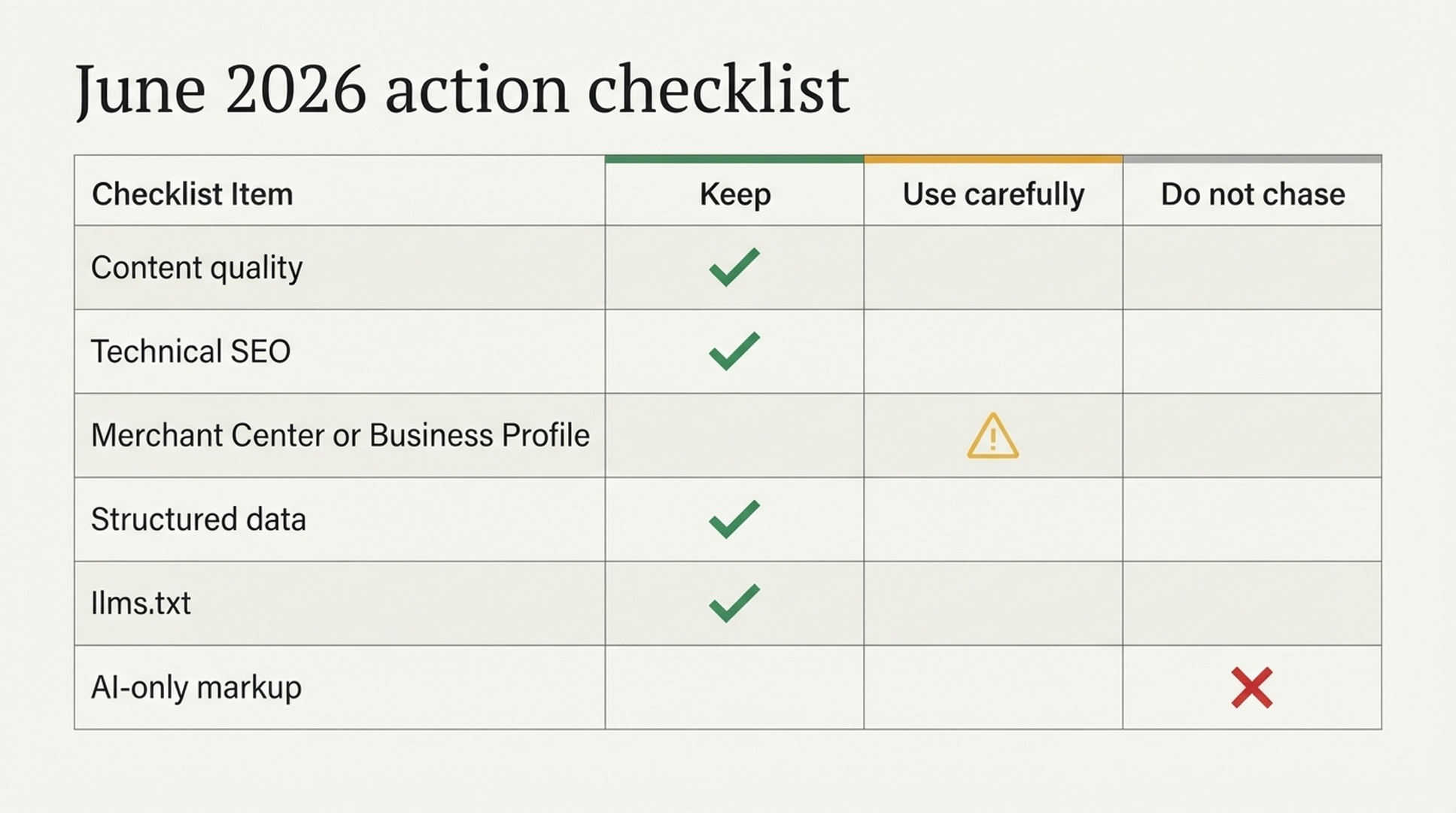Checklist matrix showing what SEO teams should keep, use carefully, and avoid chasing after Google's June 2026 llms.txt clarification