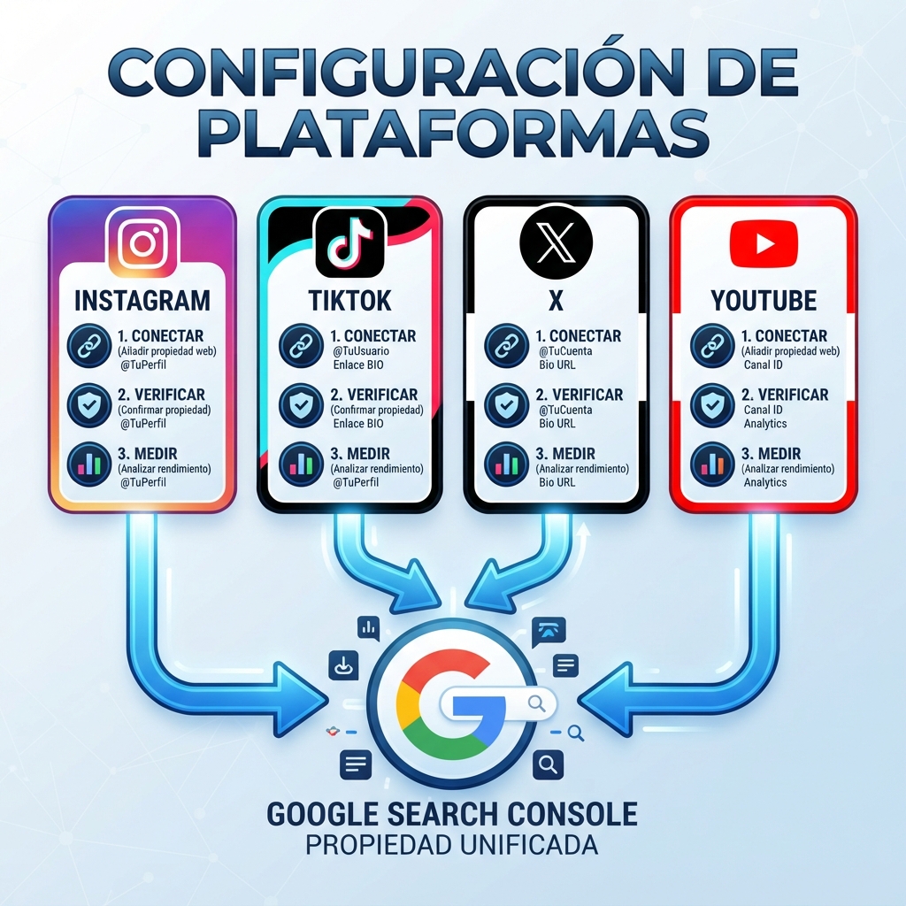 Infografía de configuración de propiedades de plataforma en Google Search Console para Instagram, TikTok, X y YouTube