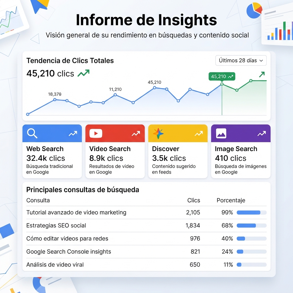 Infografía de Google Search Console Insights con clics de contenido de YouTube, fuentes de tráfico y lista de consultas