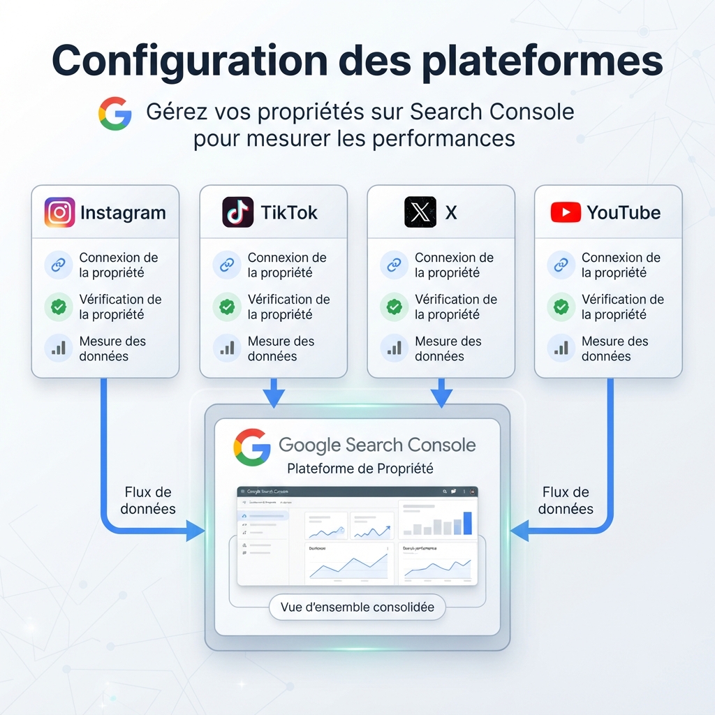 Infographie de configuration des propriétés de plateforme Google Search Console pour Instagram, TikTok, X et YouTube