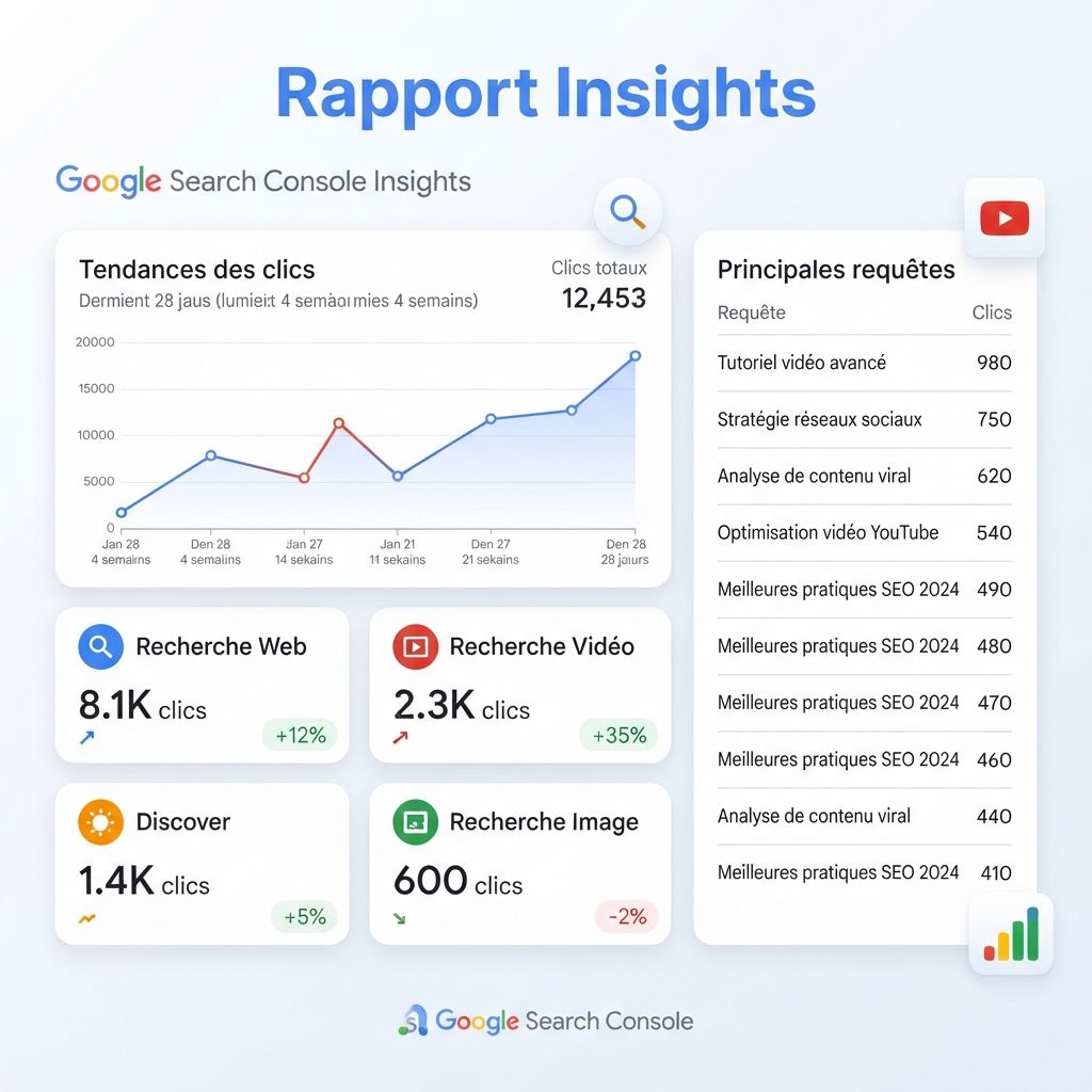 Infographie Google Search Console Insights montrant les clics YouTube, les sources de trafic et une liste de requêtes