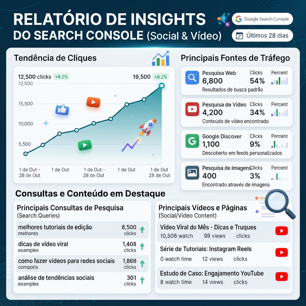 Infográfico do Google Search Console Insights com cliques de conteúdo do YouTube, fontes de tráfego e lista de consultas