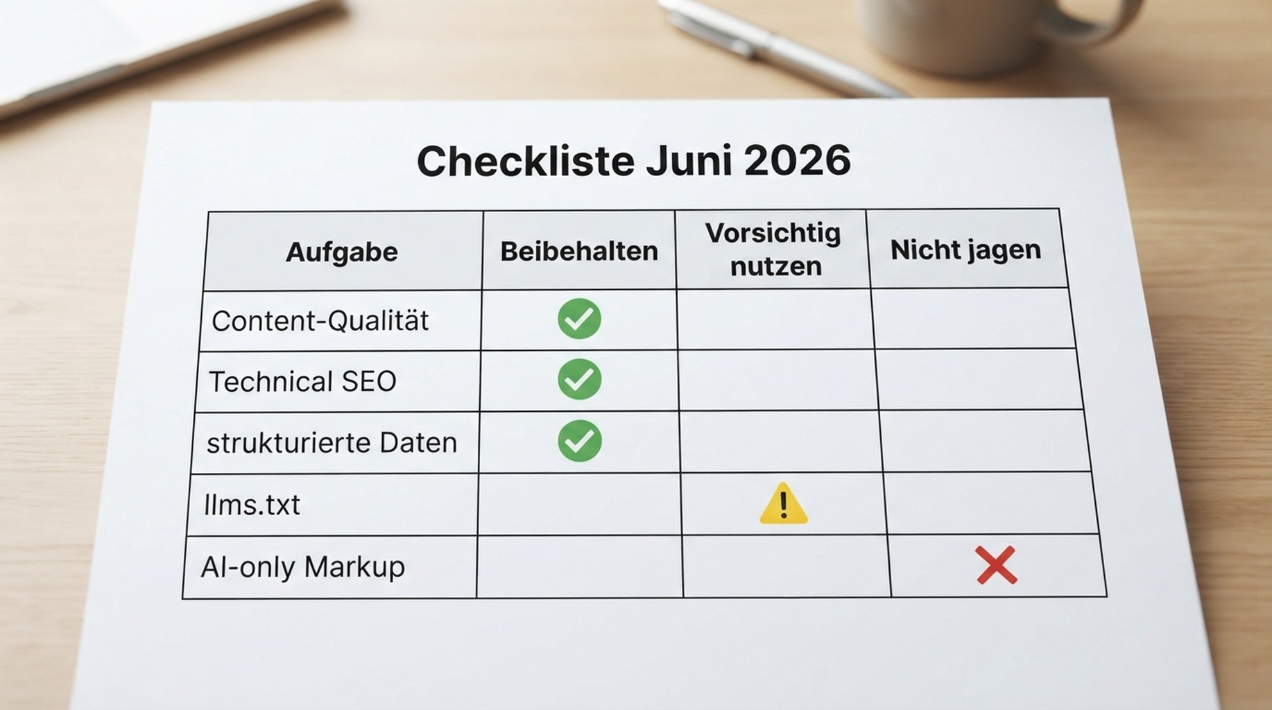 Checklisten-Matrix dazu, was SEO-Teams nach Googles Klarstellung zu llms.txt im Juni 2026 beibehalten, vorsichtig nutzen und nicht jagen sollten
