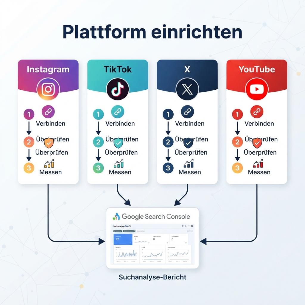 Infografik zur Einrichtung von Google Search Console Plattform-Properties für Instagram, TikTok, X und YouTube