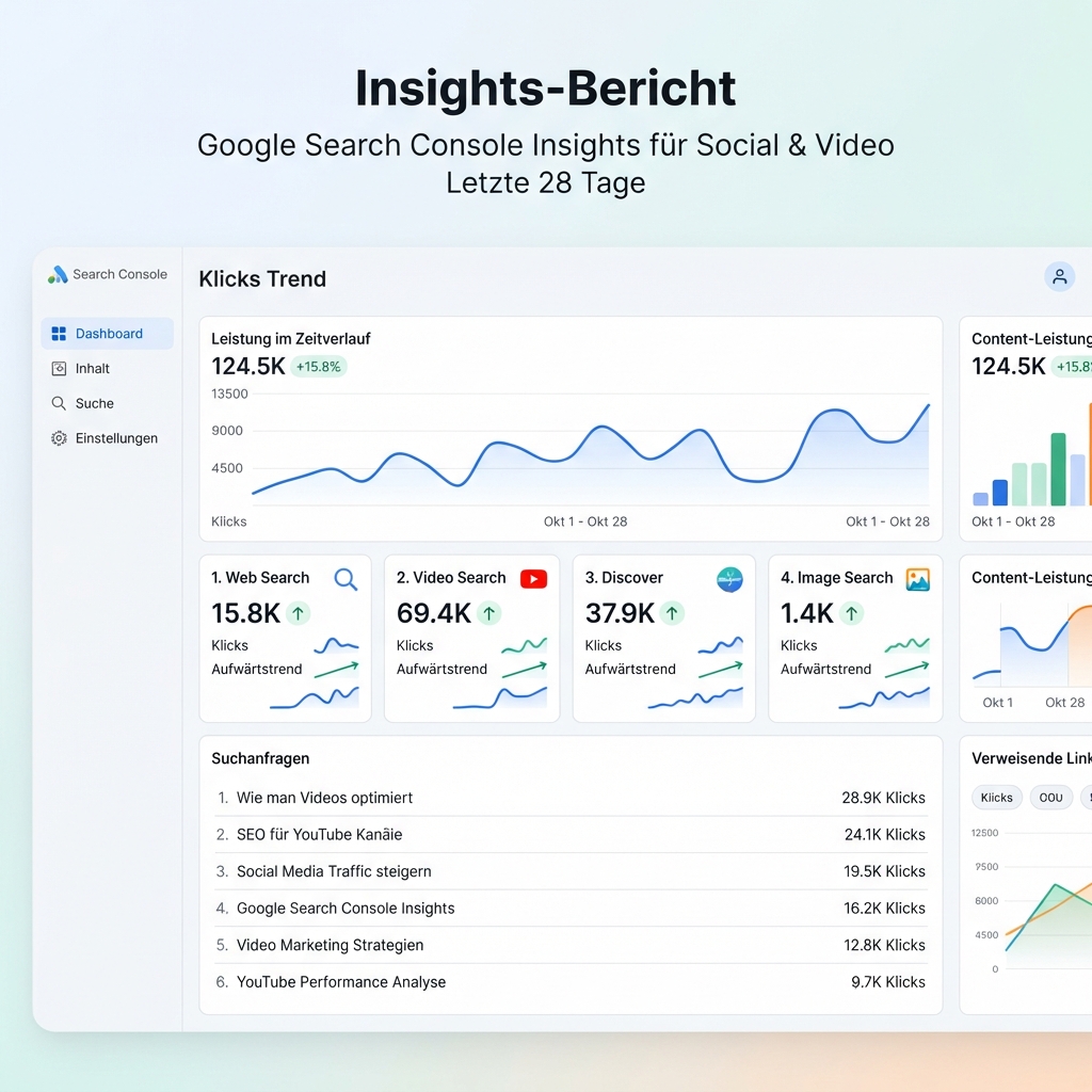 Google Search Console Insights Infografik mit YouTube-Klicks, Traffic-Quellen und Suchanfragenliste