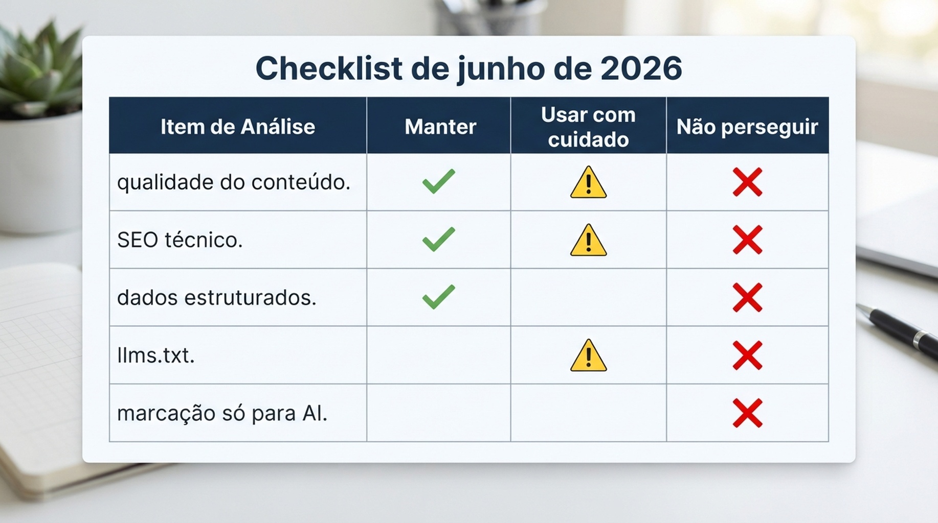 Matriz de checklist mostrando o que equipes de SEO devem manter, usar com cuidado e parar de perseguir após o esclarecimento do Google sobre llms.txt em junho de 2026
