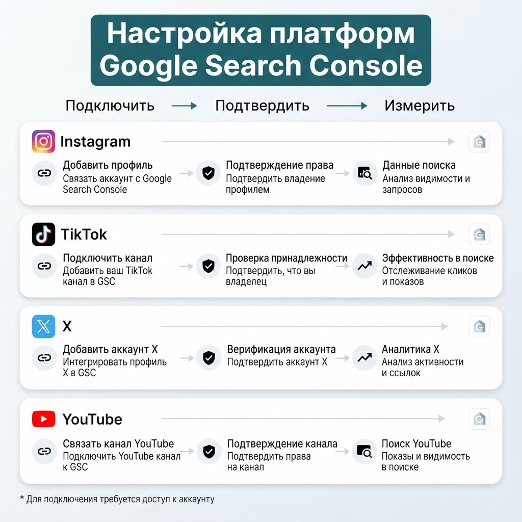 Инфографика настройки свойств платформ Google Search Console для Instagram, TikTok, X и YouTube