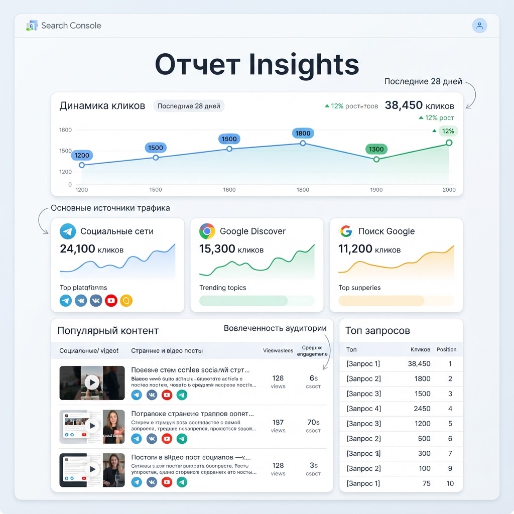 Инфографика Google Search Console Insights с кликами YouTube, источниками трафика и списком запросов