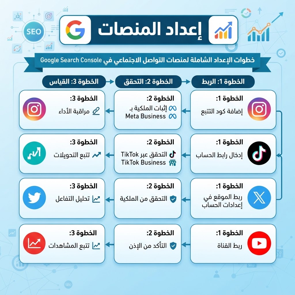 رسم معلوماتي لإعداد خصائص المنصات في Google Search Console لمنصات Instagram وTikTok وX وYouTube