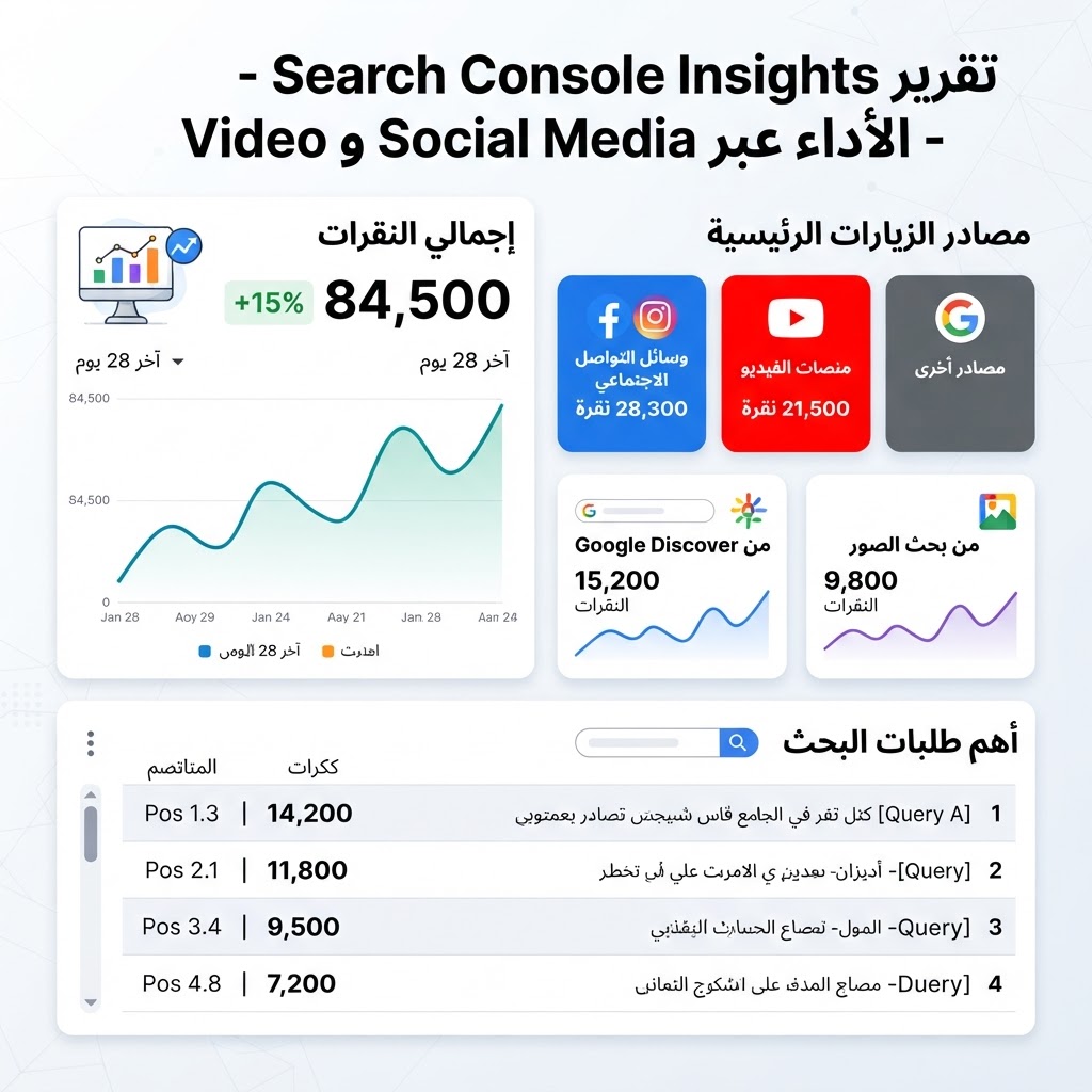 رسم معلوماتي لتقرير Google Search Console Insights يعرض نقرات YouTube ومصادر الزيارات وقائمة الاستعلامات