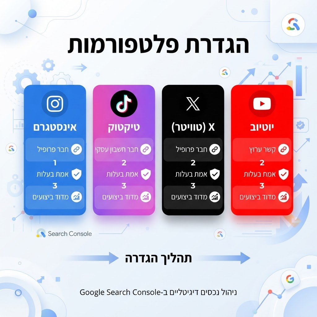 אינפוגרפיקה של הגדרת מאפייני פלטפורמה ב-Google Search Console עבור Instagram, TikTok, X ו-YouTube