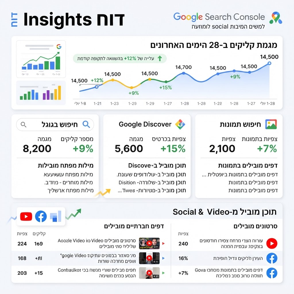 אינפוגרפיקה של Google Search Console Insights עם קליקים מ-YouTube, מקורות תנועה ורשימת שאילתות