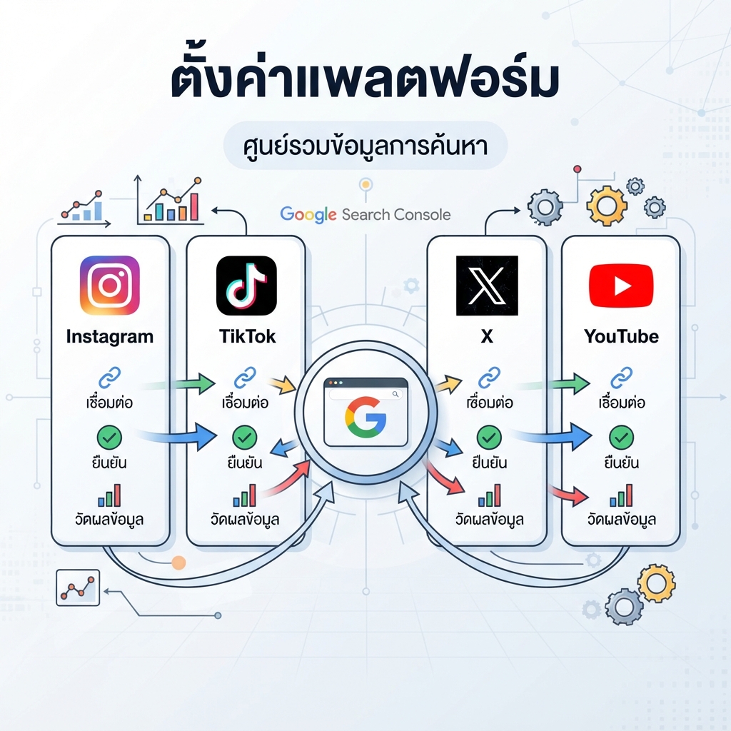 อินโฟกราฟิกการตั้งค่าพร็อพเพอร์ตีแพลตฟอร์มใน Google Search Console สำหรับ Instagram, TikTok, X และ YouTube