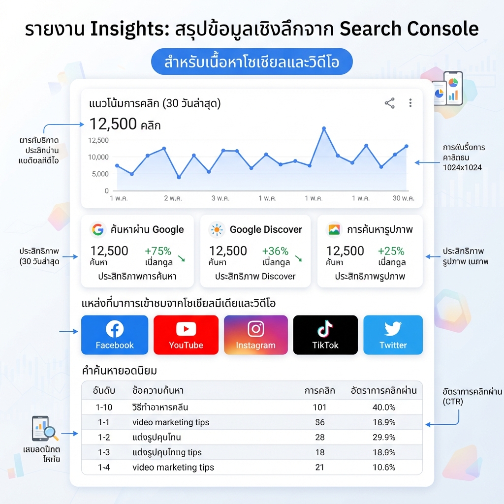 อินโฟกราฟิก Google Search Console Insights ที่แสดงคลิกจาก YouTube แหล่งทราฟฟิก และรายการคำค้น